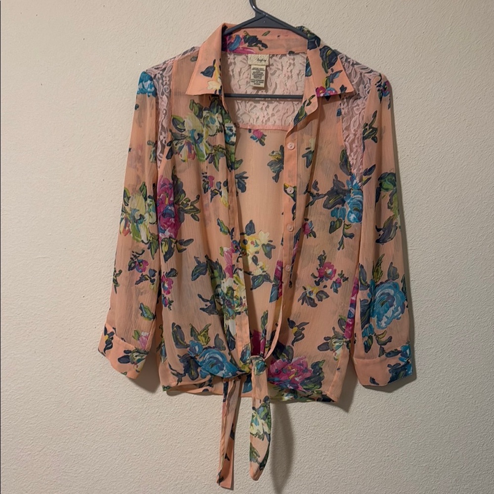 Daytrip Pink and Blue Notched Collar Tie-Front Blouse